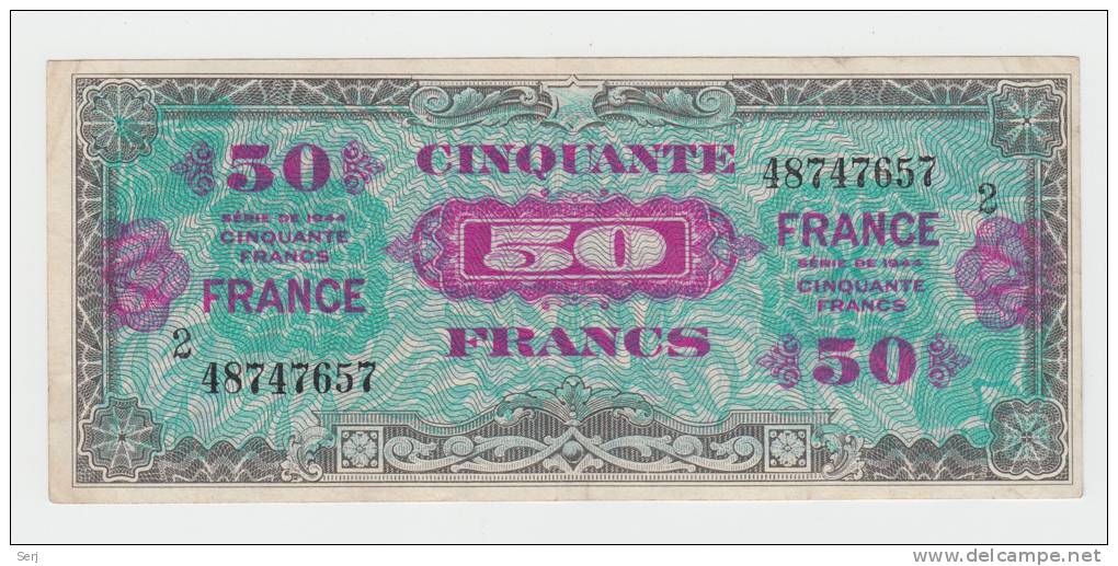 France 50 Francs 1944 VF++ Crispy Banknote P 122b 122 B (Block 2) - 1945 Verso Frankreich