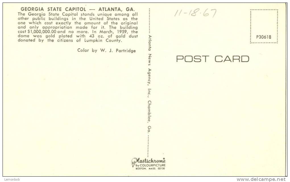 USA – United States – Georgia State Capitol, Atlanta, GA, 1960s Unused Postcard [P5767] - Atlanta