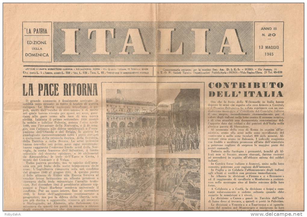 ITALIA,, Quotidiano N. 20 Del 13 Maggio 1945 - Italiano