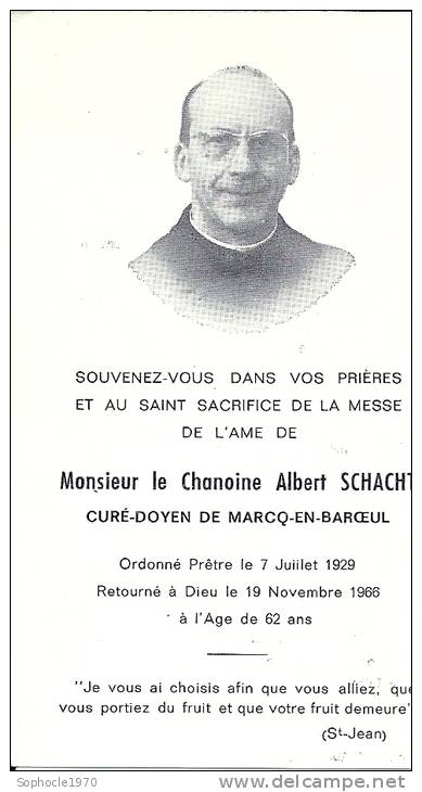 NORD PAS DE CALAIS - MARCQ EN BAROEUL - CARTE FUNERAIRE CHANOINE Albert SCHACHT Curé Doyen - Marcq En Baroeul