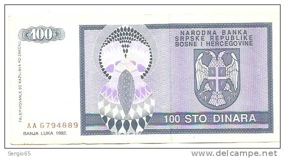 REPUBLIKA SRPSKA - 100 DIN - 1992. - Bosnië En Herzegovina