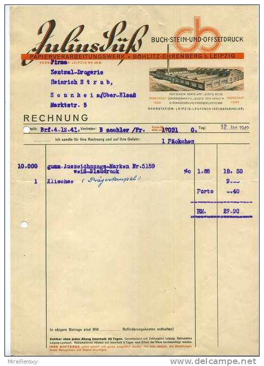 FACTURE PAPIER VERARBEITUNGSWERK BÖHLITZ EHRENBERG LEIPZIG 1942 - Other & Unclassified