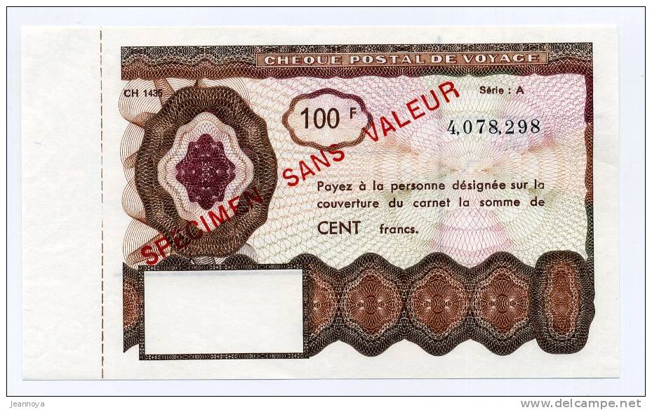 FRANCE - SPECIMEN DE CHEQUE POSTAL DE VOYAGE DE 100F - SUP - Specimen