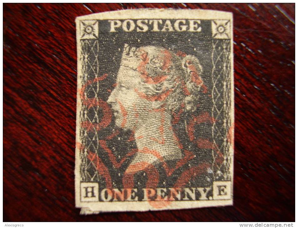 PENNY BLACK 1840 FOUR MARGINS USED MALTESE CROSS In RED - Used Stamps