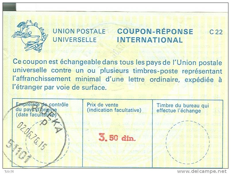 COUPON REPONSE INTERNATIONAL- UPU-IUGOSLAVIA  - JUGOSLAVIJA  - 3,50 - 1976 - RIJEKA (JUGOSLAVJA)- RR - Entiers Postaux