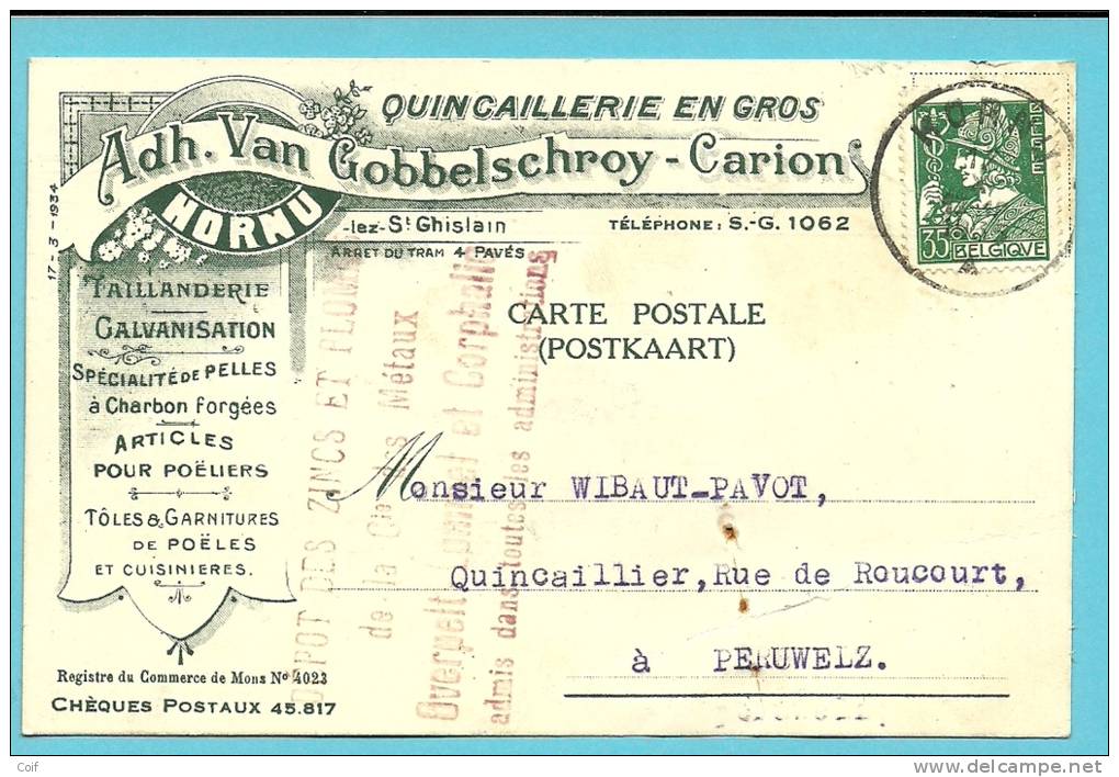 340 Op Geillustreerde Kaart "Quincaillerie En Gros"  Met Stempel HORNU (VK) - 1932 Ceres En Mercurius