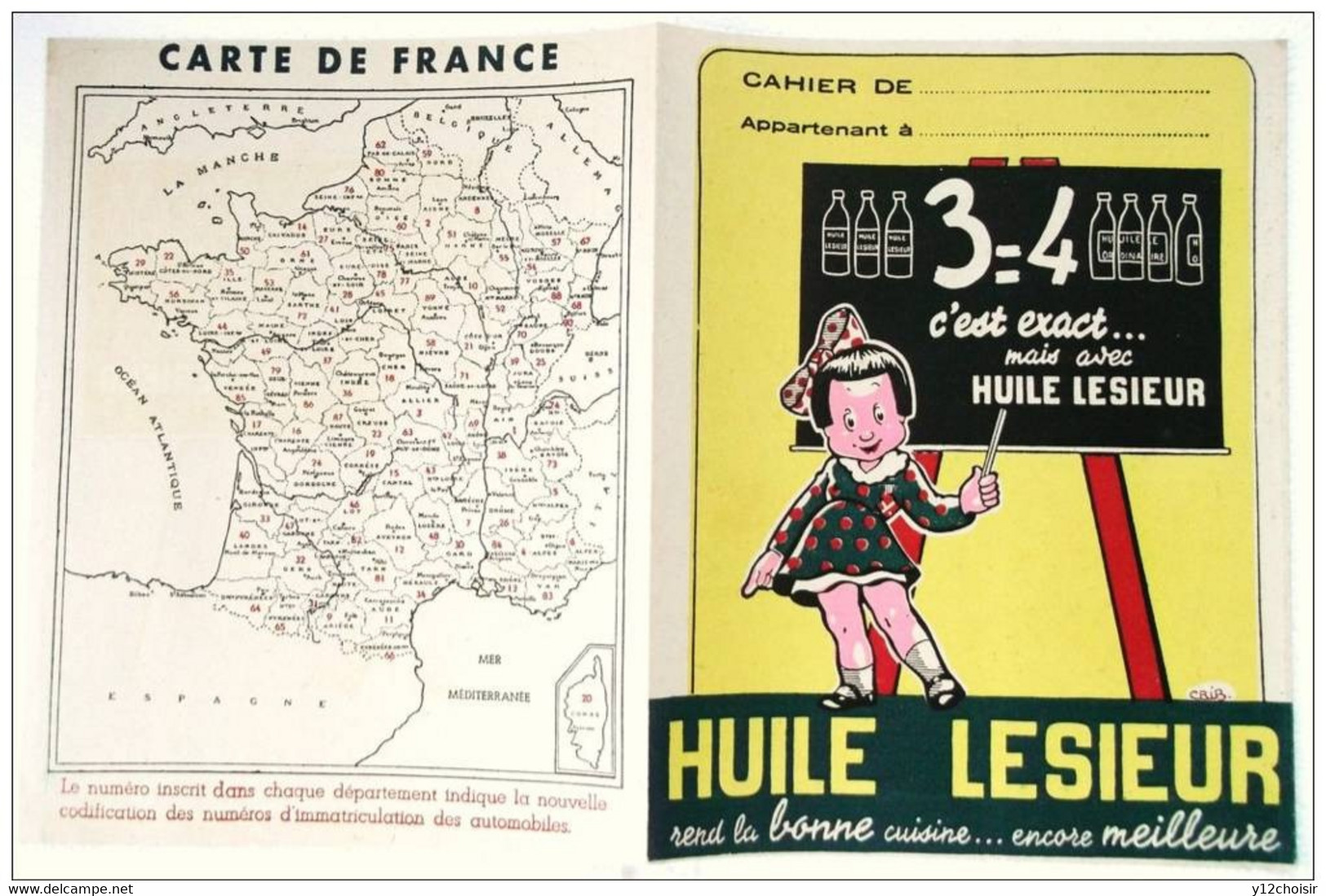 PROTEGE CAHIERS HUILE LESIEUR BOUTEILLES ENFANT BONNE CUISINE FILLETTE CARTES FRANCE IMMATRICULATION AUTOMOBILES - Kinderen