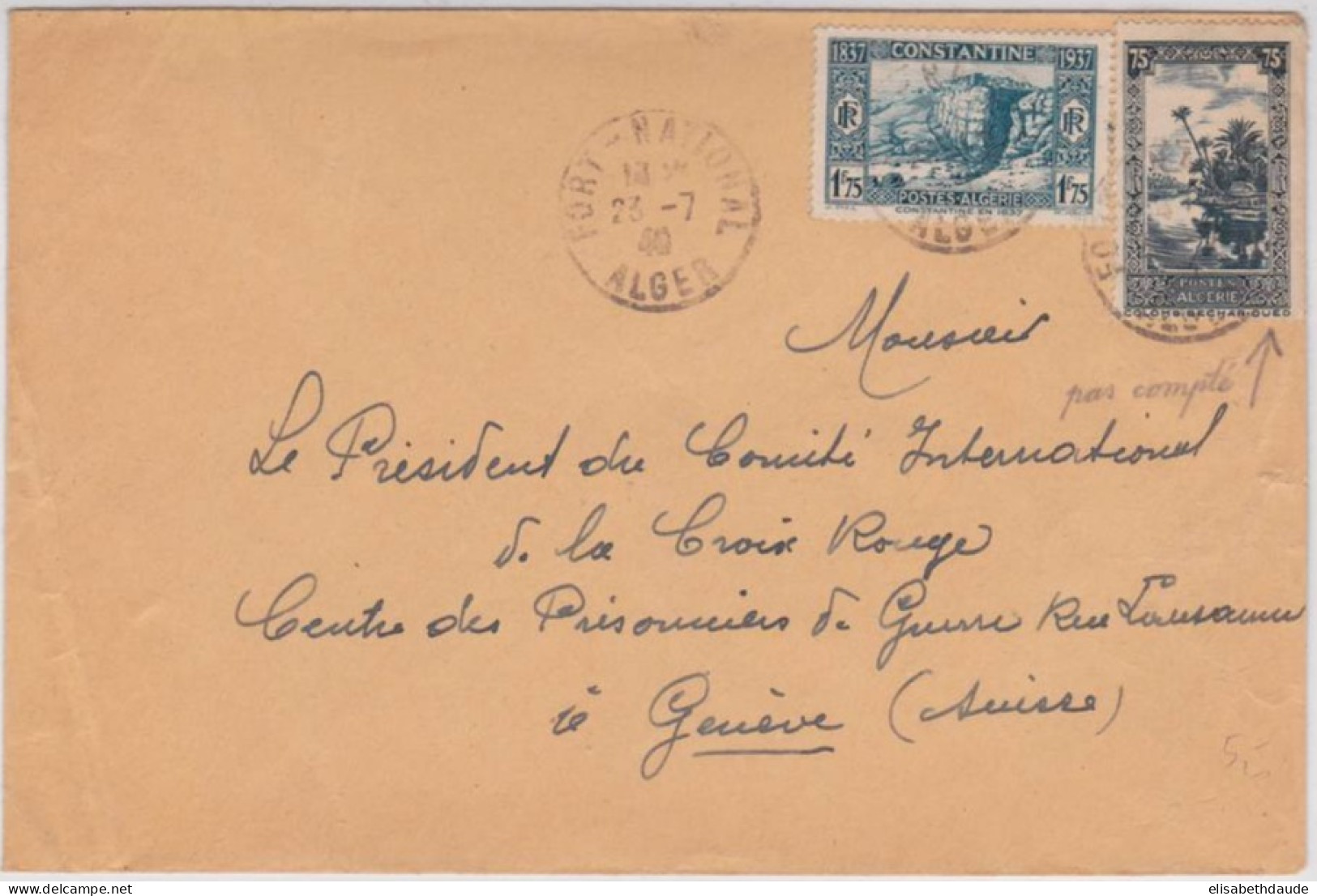 ALGERIE - 1940 - YVERT N° 114+133 Sur LETTRE De FORT NATIONAL Pour GENEVE CROIX-ROUGE (SUISSE) - PRISONNIERS De GUERRE - Brieven En Documenten