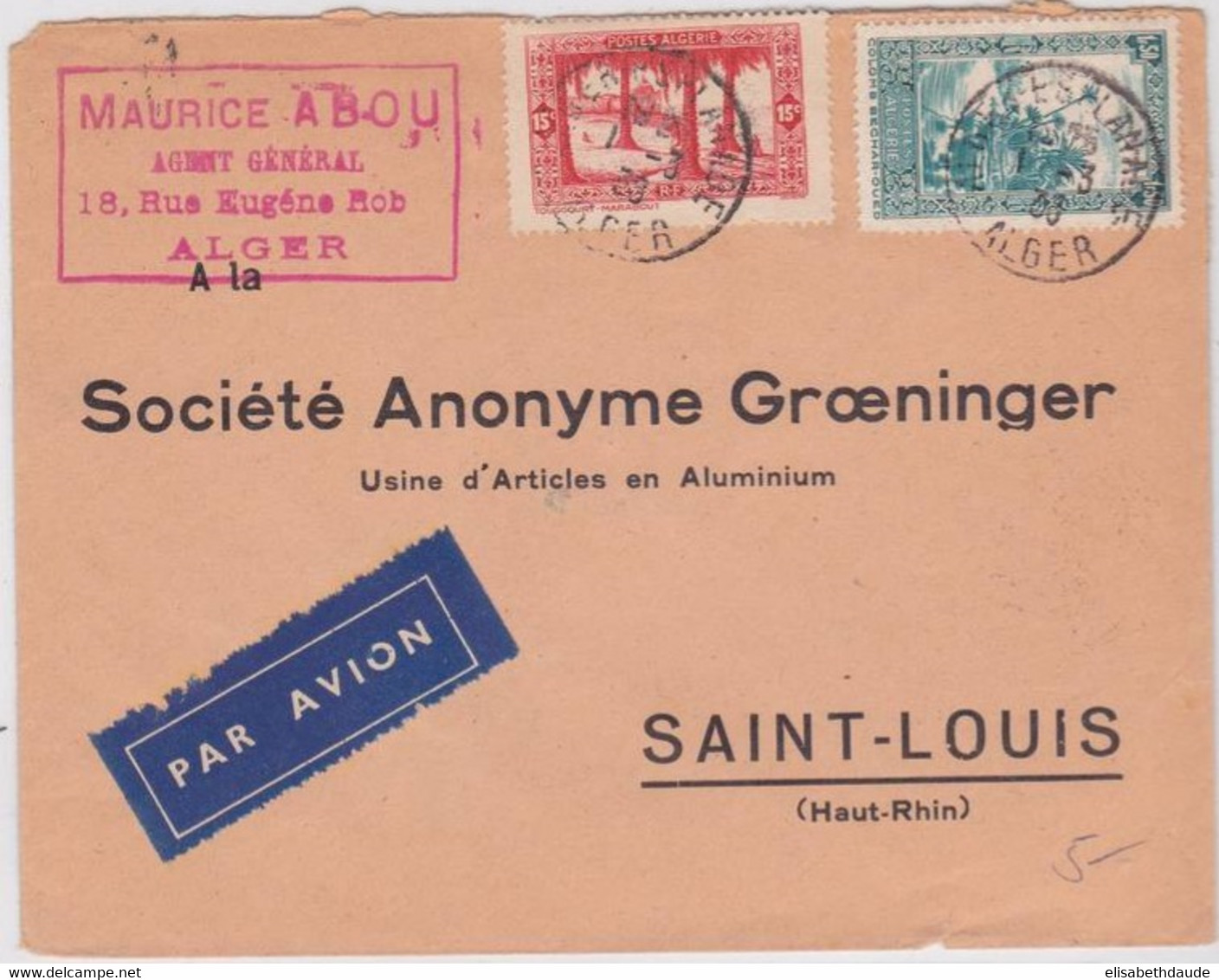 ALGERIE - 1938 -  ENVELOPPE De ALGER Par AVION Pour SAINT-LOUIS (HAUT-RHIN) - Lettres & Documents