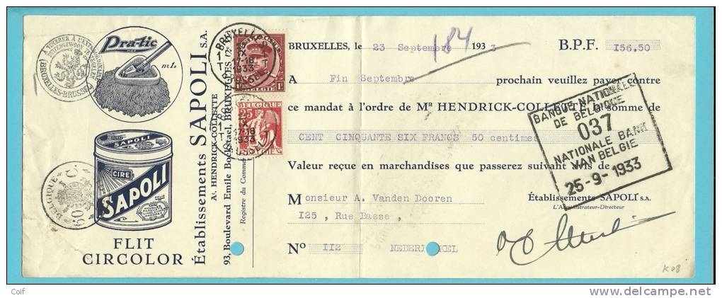 317+339 Op "mandat à L´ordre" Met Stempel BRUXELLES Met Reclame "SAPOLI / FLIT CIRCOLOR"  (VK) - 1932 Ceres En Mercurius