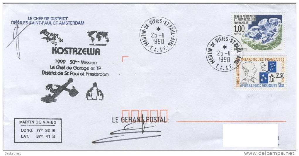 TAAF ENV MARTIN DE VIVIES DU 25/11/1998 CACHET MISSION KOSTAZEWA 1999 - Unused Stamps