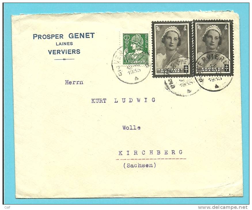 340+415 (surtaxe) Op Brief Met Stempel VERVIERS - 1932 Ceres En Mercurius