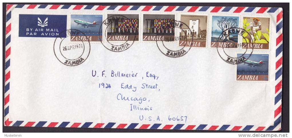 Zambia Airmail Par Avion Beauty Mult Franked KABWE 1974 Cover To CHICAGO United States - Zambia (1965-...)