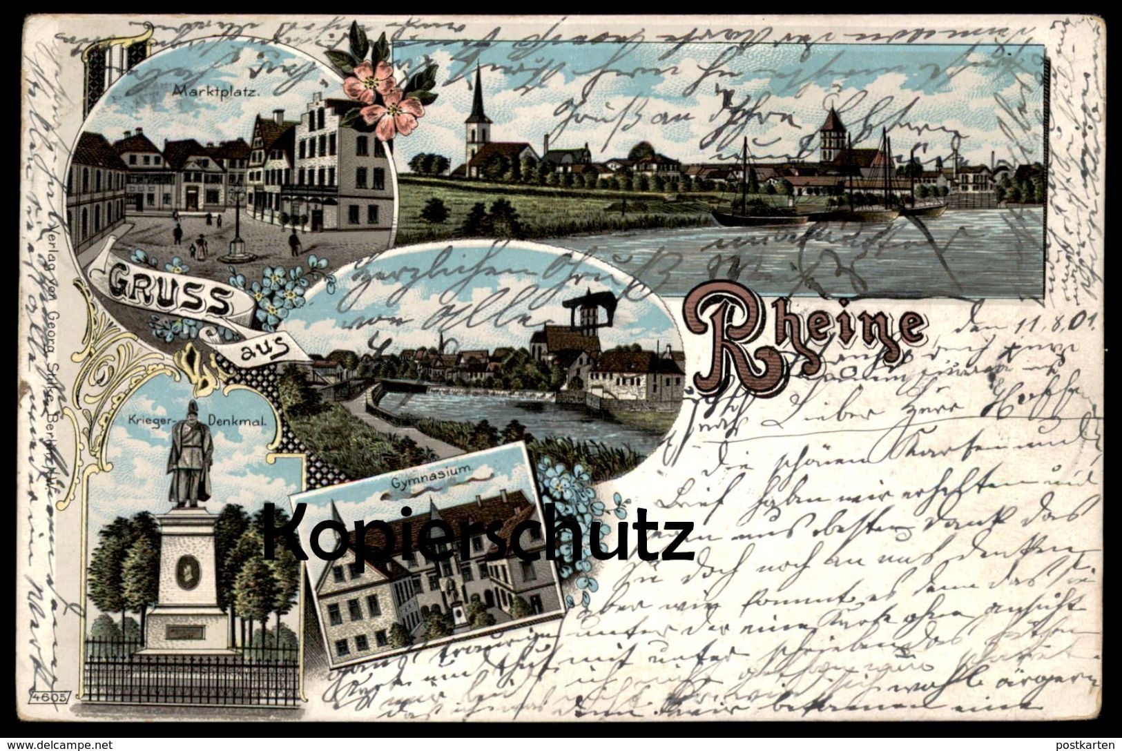 ALTE LITHO POSTKARTE GRUSS AUS RHEINE GYMNASIUM KRIEGERDENKMAL MARKTPLATZ EMS Total Cpa Postcard AK Ansichtskarte - Rheine