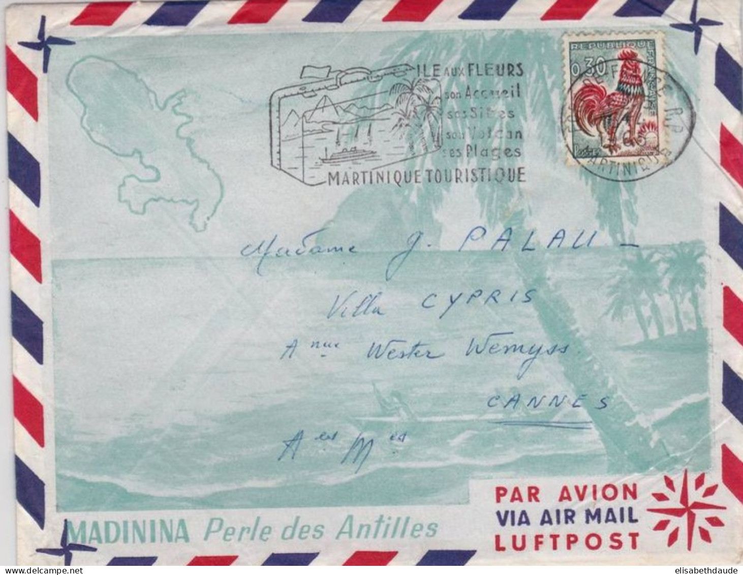 MARTINIQUE - 1965 - COQ DE DECARIS Sur ENVELOPPE DECOREE PAR AVION De FORT DE FRANCE - Storia Postale