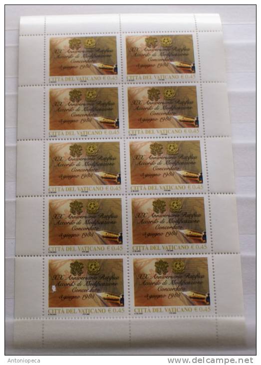 VATICAN 2005 - 2  SPLENDID SHEETS OF 10, 20 YEARS OFFICIAL AGRREMENT VATICAN - ITALY MNH** CV 81 - Neufs