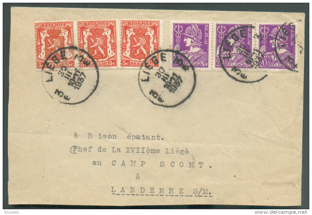 N°338(3)-419(3) - Affr. Combiné Petits Lions (x3) Avec Bande De 3 Du 20 Centimes Mercure Obl. Sc LIEGE 3 S/L. Du 30-III- - 1932 Cérès Et Mercure