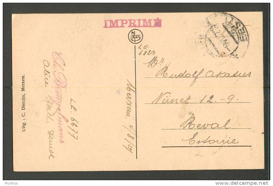1927 BELGIUM, MERXEM, KERK  , OLD POSTCARD  TO ESTONIA, IMPRIME, OVERPRINT 10 ON 15 C - Storia Postale