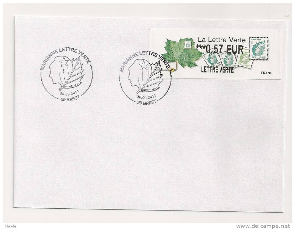 10446 - FDC LETTRE VERTE- VIGNETTE LISA  - Tarif 0,57 € - 1er JOUR BREST 30 -09-2011 - 2010-... Illustrated Franking Labels