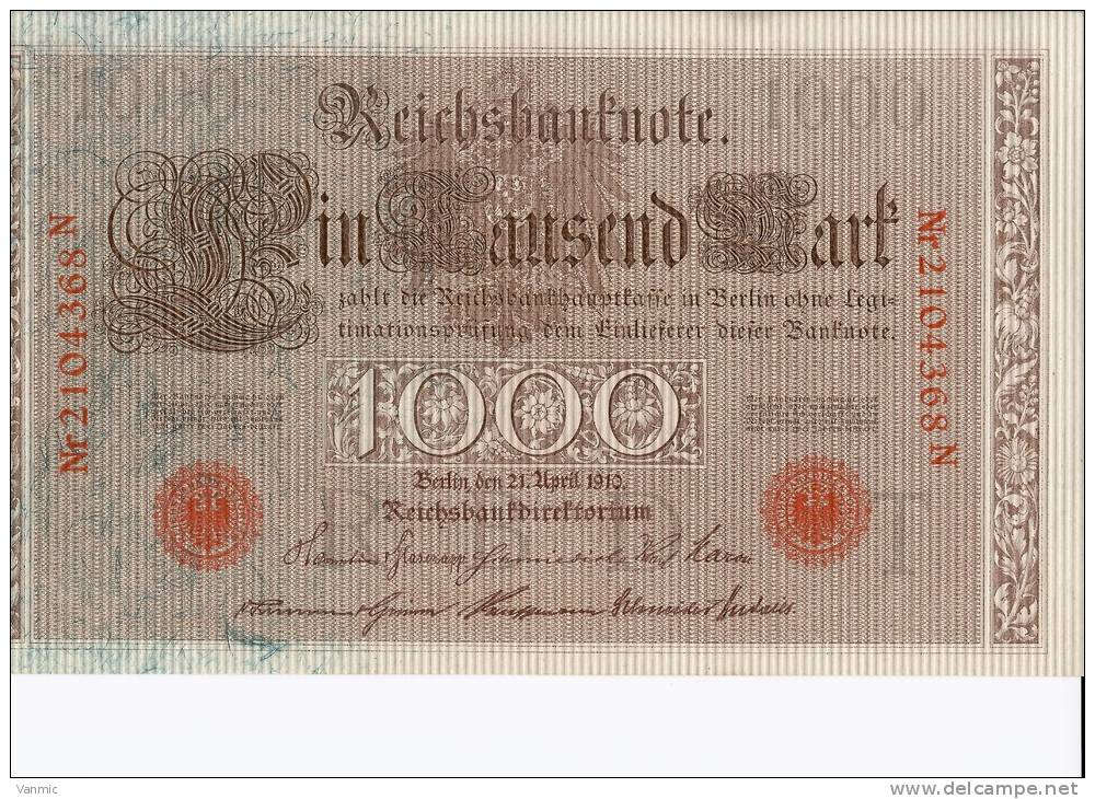 1910 N - Billet 1000 Mark - Allemagne - Série N : N° 2104368N - 1000 Mark