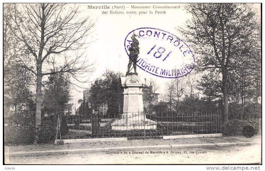 FRANCE: MERVILLE (NORD) - MONUMENT COMMEMORATIF DES ENFANTS MORTS POUR LA PATRIE ~ MILITARY CONTROL STAMP - Merville