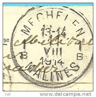 Kaart Stempel MECHELEN Op 11/08/1914 Naar CAPPELLEN Op 12/08/1914(Offensief W.O.I) - Unbesetzte Zone