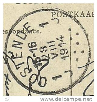 Kaart Stempel HOVE (ANTWERPEN) / HOVE (ANVERS) Op 27/08/1914 Naar OOSTENDE  Op 28/08/1914(Offensief W.O.I) - Not Occupied Zone