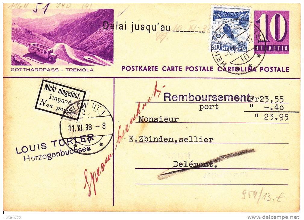 Zwitserland, Entier Gotthardpass Tremola 1938, Nicht Eingelost (4797) - Bus