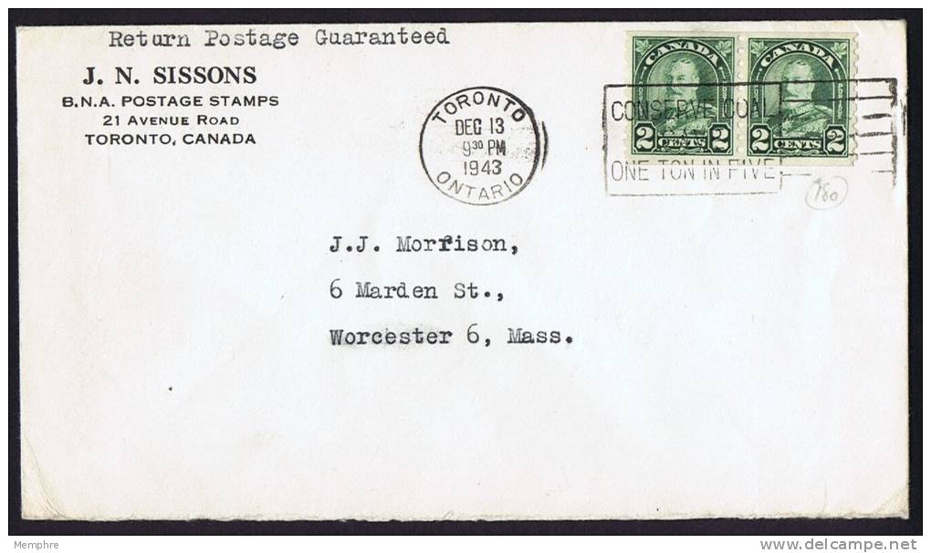 1943  Letter To USA   Pair Of  2 &cent; &laquo;Arch&raquo; Coil Stamps Sc 180 - Briefe U. Dokumente