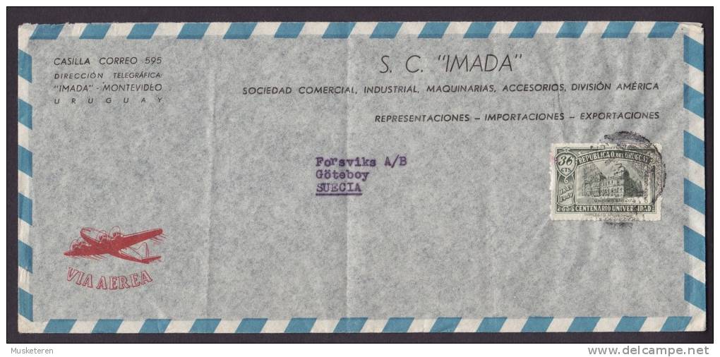 Uruguay Airmail Via Aerea S. C. "IMADA"  MONTEVIDEO 1949? Cover To Suecia Sweden Aeroplane Cachet - Luchtpost