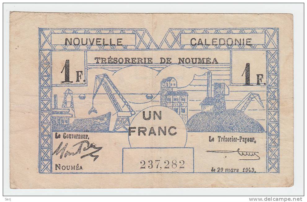 New Caledonia 1 Franc 1943 VF+ CRISP Banknote P 55a  55 A - Nouméa (New Caledonia 1873-1985)