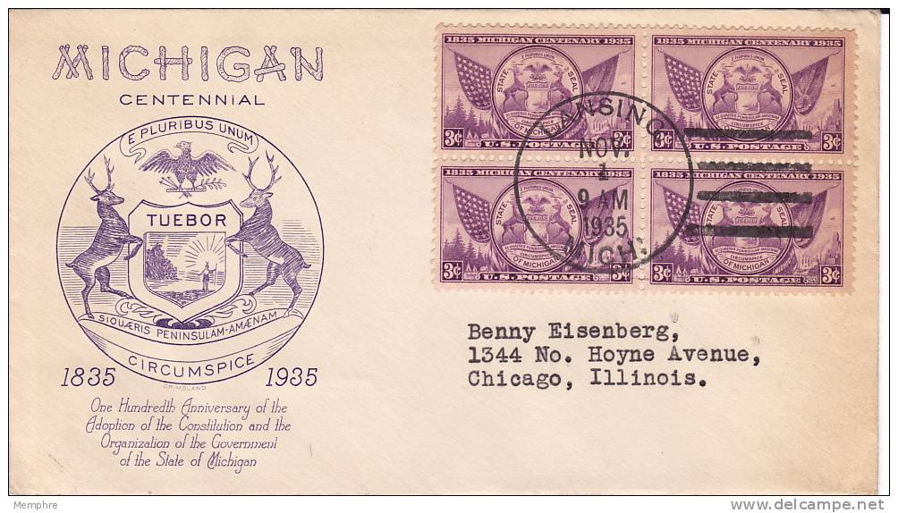 1935 Michigan Centennial Sc 775 Block Of 4   Grimsland Cachet - 1851-1940