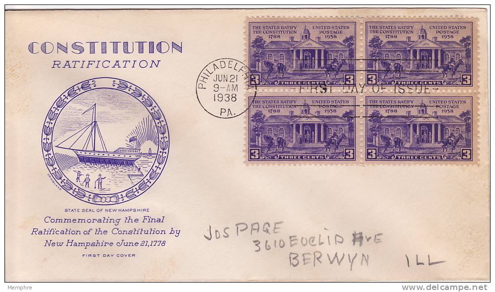 1938  Constitution Ratification  Sc 835  Block Of 4  Grimsland Cachet - 1851-1940