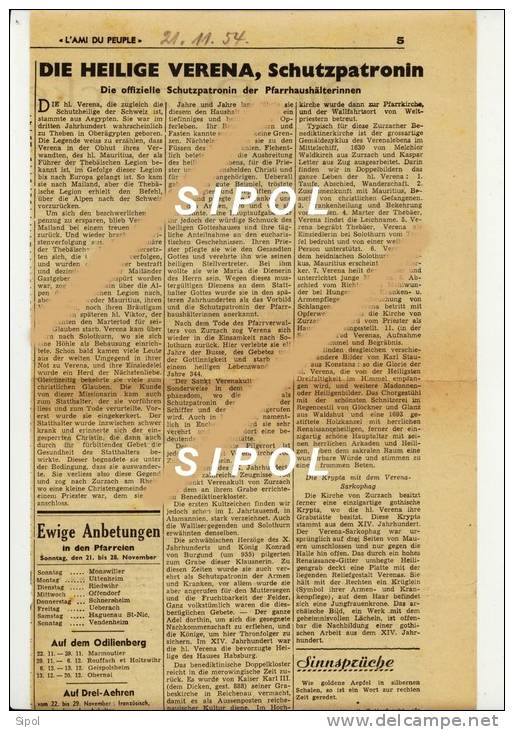 Article De L  Alsace :Die Heilige VERENA Schutzpatronin Der Pfarrhaushälterinnen  L Ami Du Peuple 21/11/1954 - Andere & Zonder Classificatie