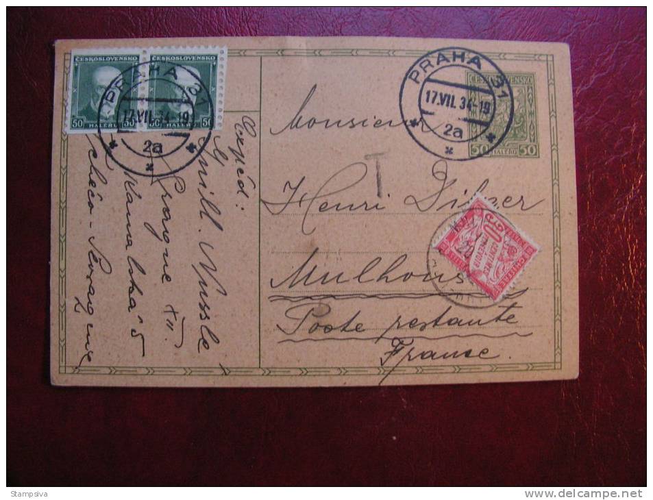 == Praha 1934 - Nachporto Karte Taxe Mülhausen France - Briefe U. Dokumente