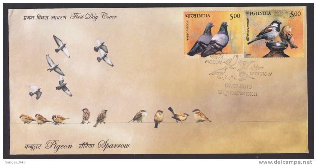 India 2010  PIGEON &amp; SPARROW 2v FDC  # 20418 Indien Inde - Moineaux
