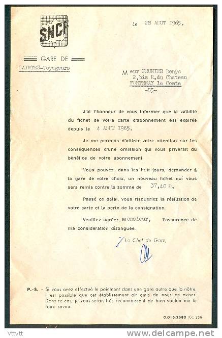 SNCF (1965) : Lettre D'information, Fichet De La Carte D'abonnement A Renouveler à La Gare Avec Prix 37,40 Francs, Train - Transports