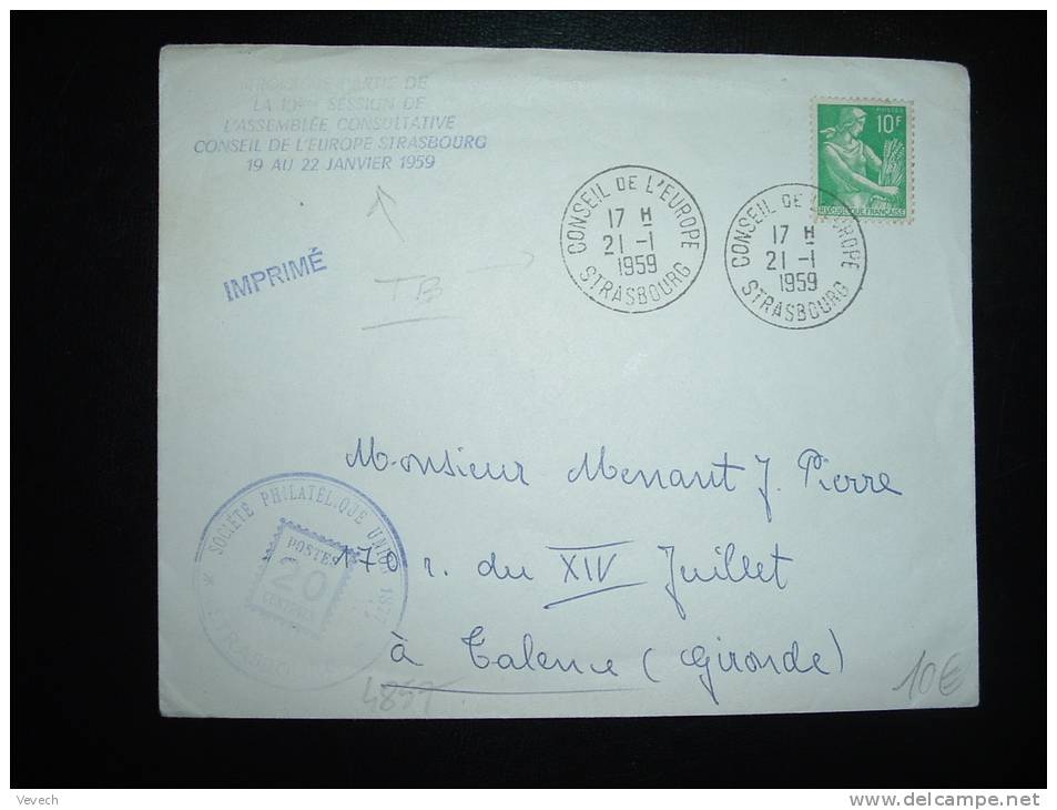 LETTRE TYPE MOISSONNEUSE 10 F OBL. 21-1-1959 CONSEIL DE L'EUROPE STRASBOURG (67 BAS-RHIN) - 1957-1959 Reaper