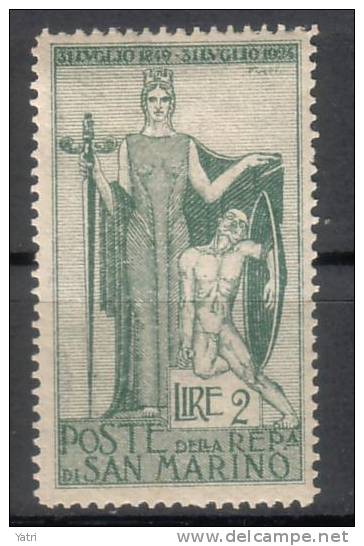 Repubblica Di San Marino - 1924 - Ritirata Di Garibaldi - 2 Lire Verde Sass. 102 MH * - Neufs