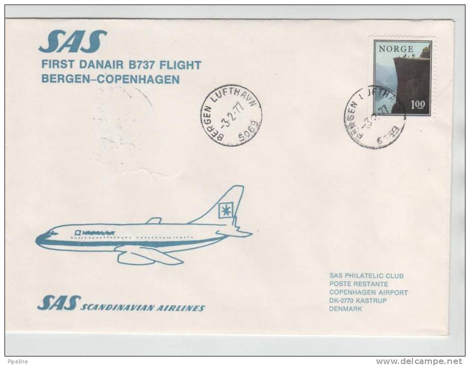 Norway First SAS Danair B737 Flight Bergen - Copenhagen 3-2-1977 - Lettres & Documents