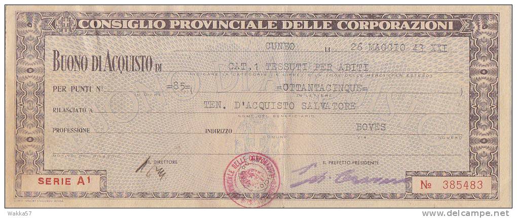 F-0684- Fascismo - Consiglio Provinciale Delle Corporazioni Buono D'Acquisto - Cuneo 26/05/43 - Sonstige & Ohne Zuordnung