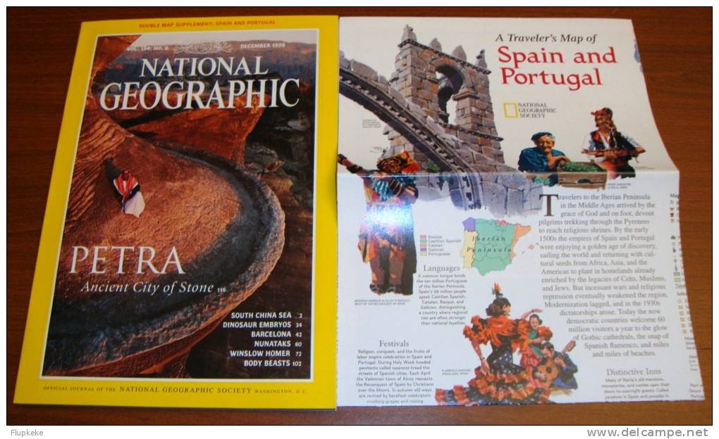 National Geographic U.S. December 1998 Petra Ancient City Of Stone With Map Supplement Spain And Portugal - Reisen