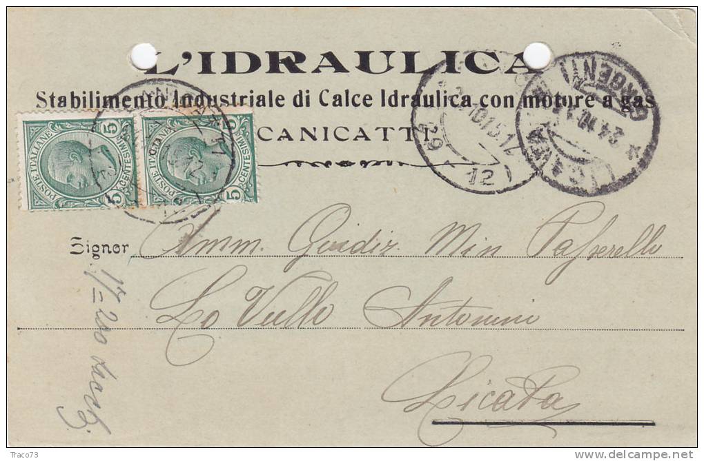 CANICATTI' /  LICATA  -  " L'IDRAULICA - Stab. Industriale " - 1915 - Leoni Cent. 5 X 2 - Reclame