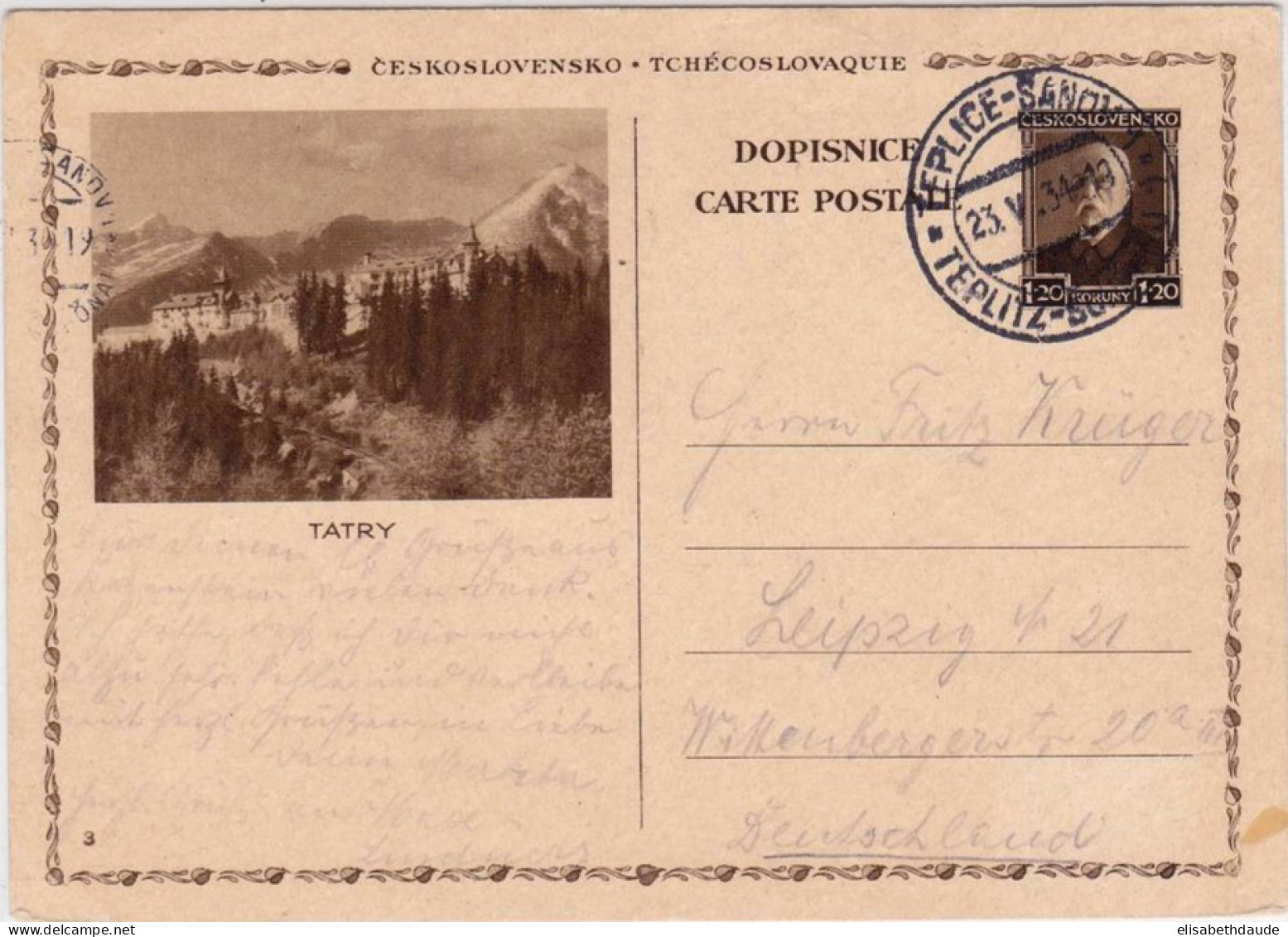 TCHECOSLOVAQUIE - 1934 - CARTE POSTALE ENTIER ILLUSTREE (BILDPOSTKARTE) De TEPLICE Pour LEIPZIG (GERMANY) - Ansichtskarten