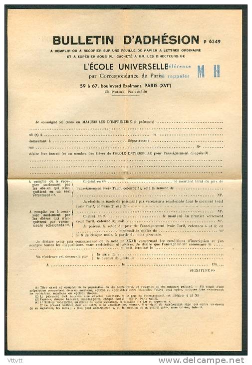 ECOLE UNIVERSELLE PAR CORRESPONDANCE, PARIS (1961) : Bulletion D´Adhésion (vierge), Recto-Verso... - Diplomas Y Calificaciones Escolares