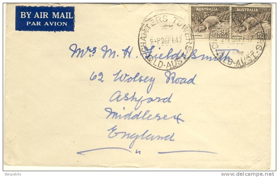 1947 Australia Airmail Cover With  2 Stamps, Platypus - Covers & Documents