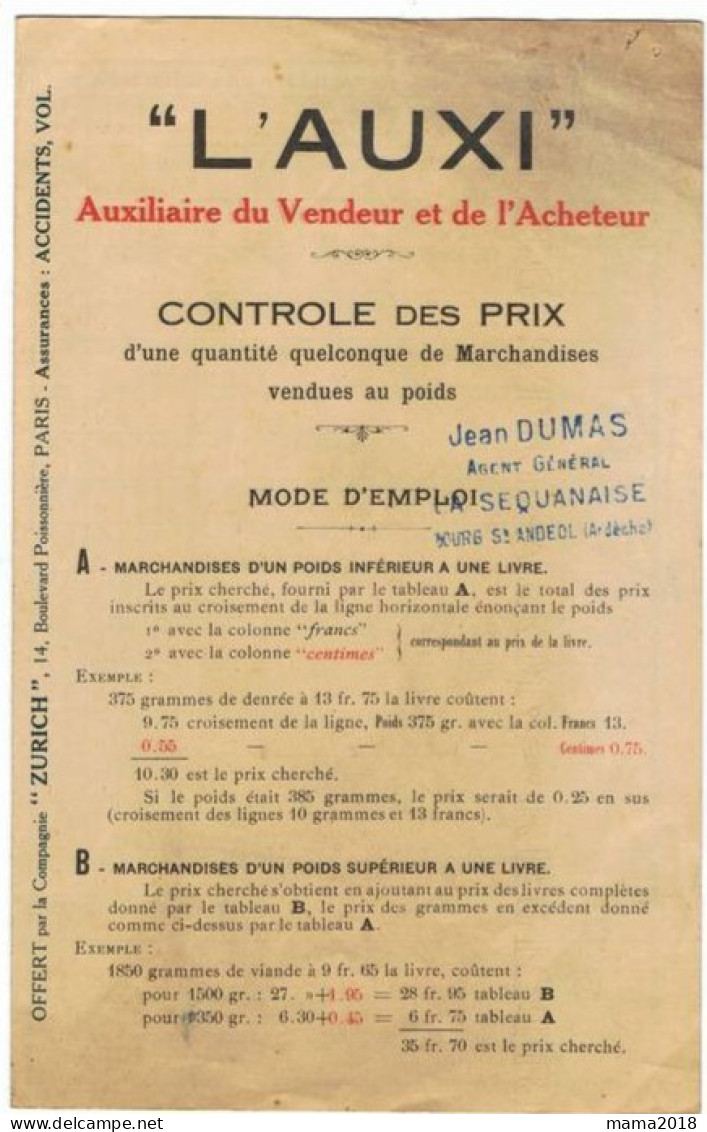 Document   Offert  Par La Compagnie  Zurich      "(L'AUXI )    Contrôle Des Prix - Transports