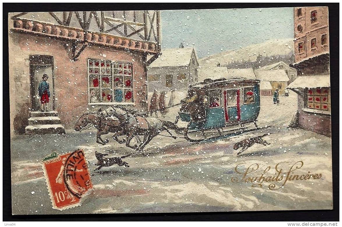 CPA  ANCIENNE- FRANCE-  ILLUSTRATEUR : ORENS- DILIGNECE-TRAINEAU BLEUE SOUS LA NEIGE- FLOCONS EN RELIEF- - Orens