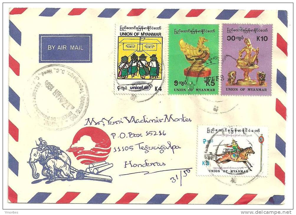 Cover Myanmar To Honduras 1996 ( Horse Stamp + Porcelain Stamps) - Myanmar (Burma 1948-...)