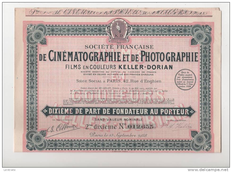 Sté Française De Cinématographie Et De Photographie, Films En Couleurs KELLER-DORIAN, Dixiéme De Part De Fondateur - Kino & Theater